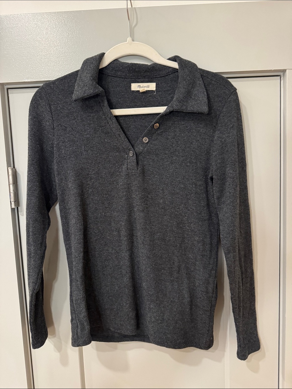 Madewell Charcoal Gray V-Neck Knit Polo Sweater
